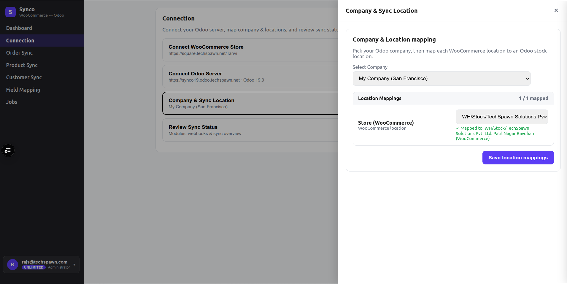 Company and WooCommerce-to-Odoo stock-location mapping drawer