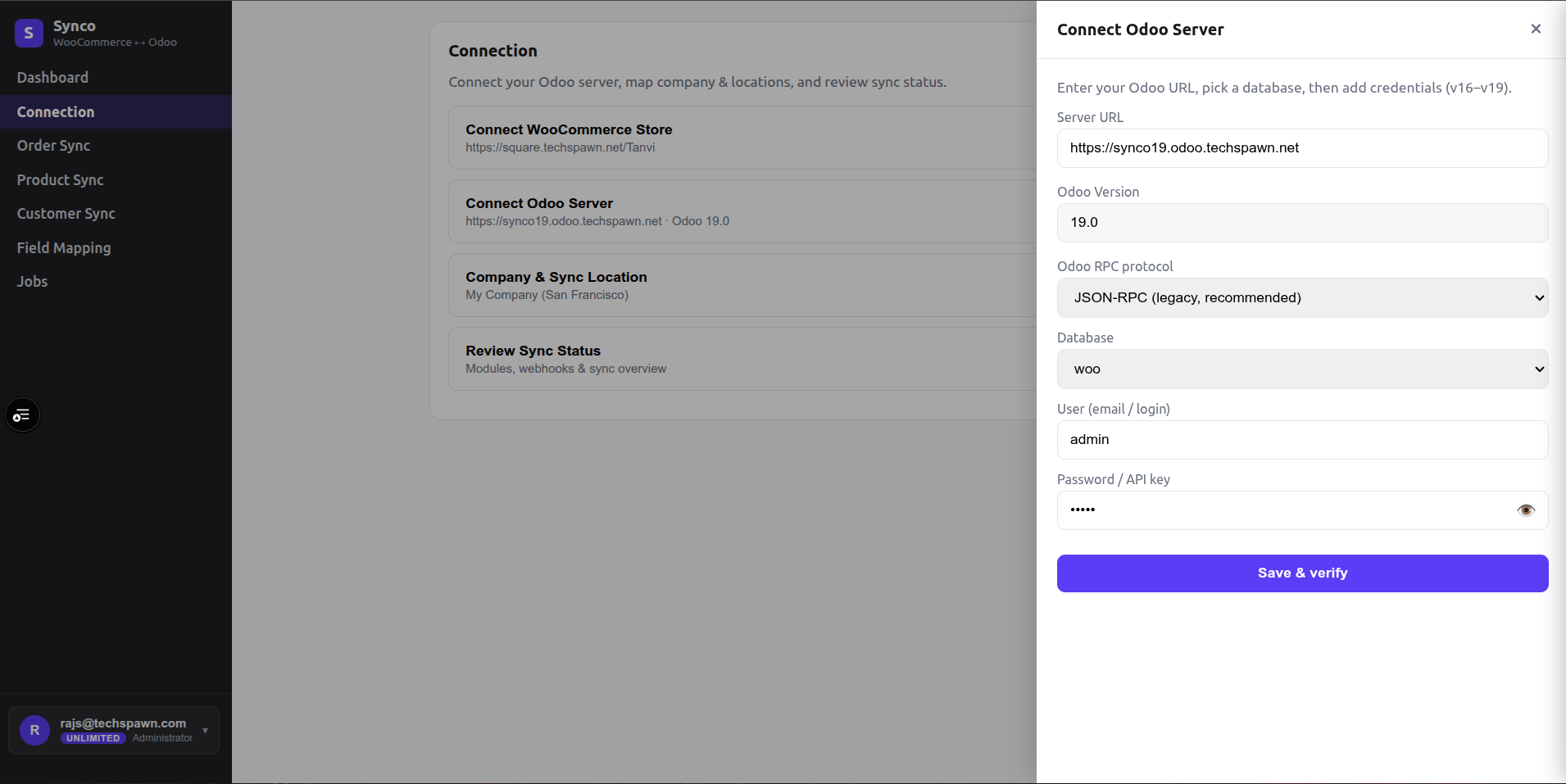 Odoo connection drawer with server URL, version, protocol, database, user, and API key fields