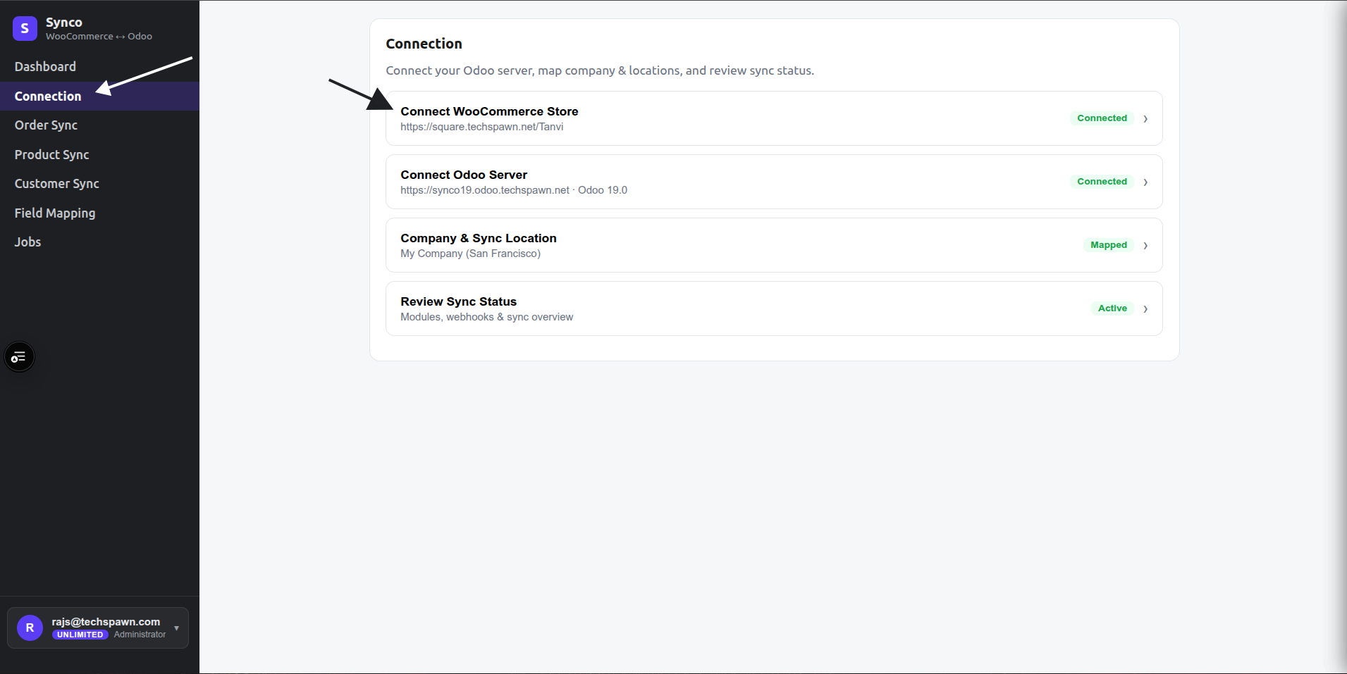 Open the WooCommerce store connection from the Synco Connection page