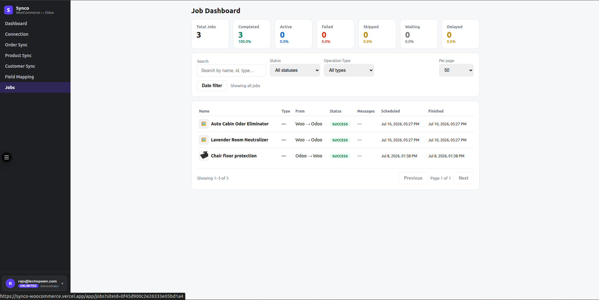 Jobs Dashboard with status totals, search and filters, job rows, timestamps, and pagination