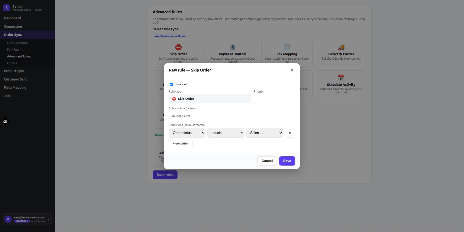 Skip Order rule editor with priority, action value, and matching conditions