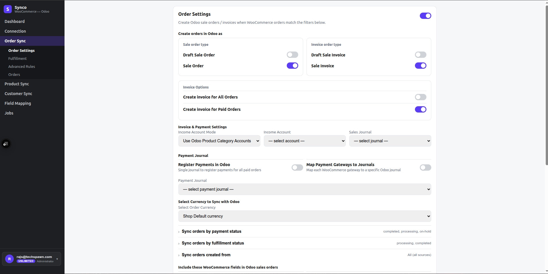 Synco Order Settings page with sale order, invoice, account, journal, payment, currency, and eligibility options